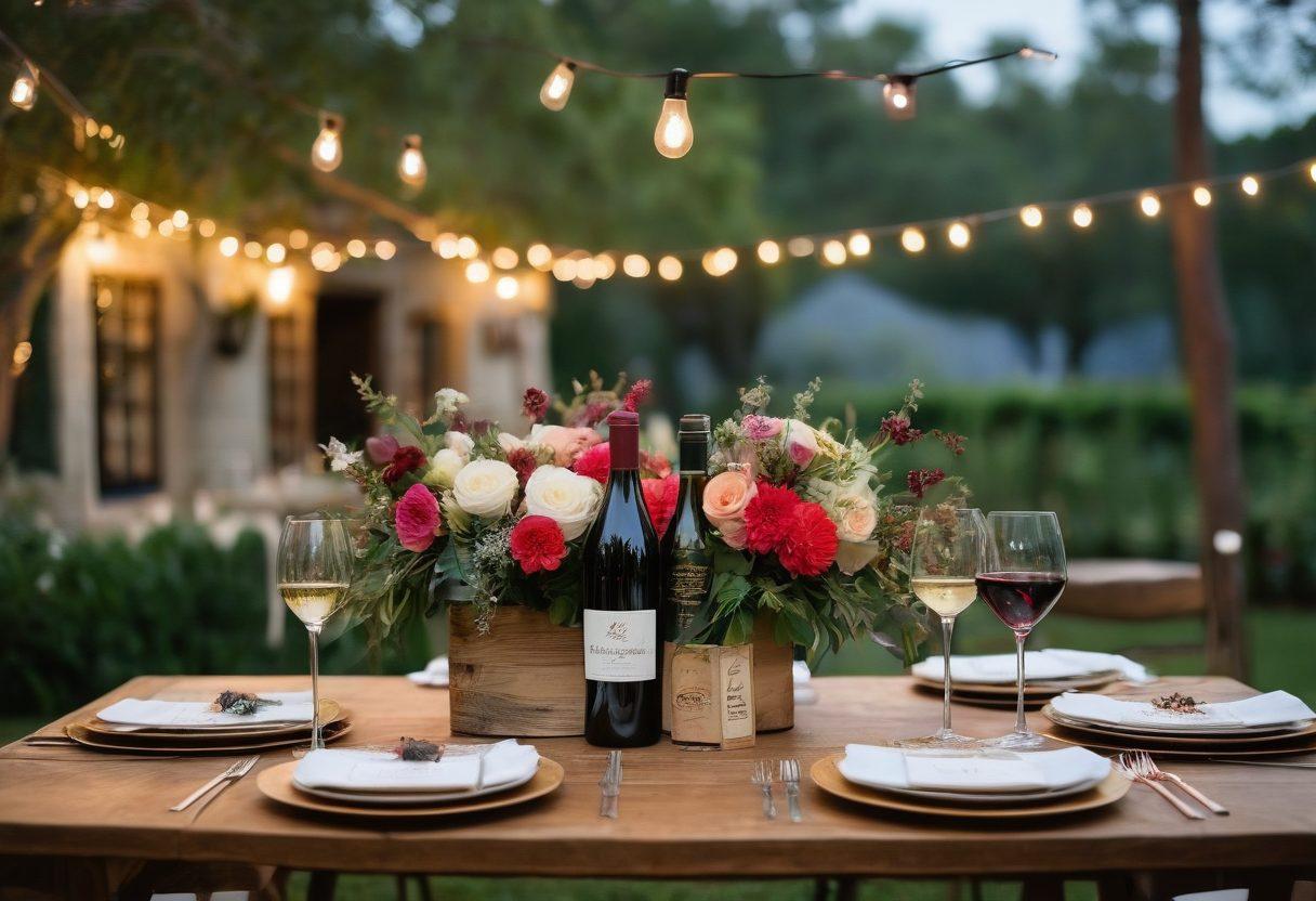 An elegant outdoor event showcasing beautifully customized wine setups, featuring a variety of wine glasses, exquisite bottles, and lush floral arrangements. Guests enjoying wine tastings, laughter, and vibrant decorations under twinkling fairy lights. Include a rustic wooden table adorned with personalized wine labels and chic tableware. Emphasize the ambiance of sophistication and celebration. super-realistic. vibrant colors. evening light.