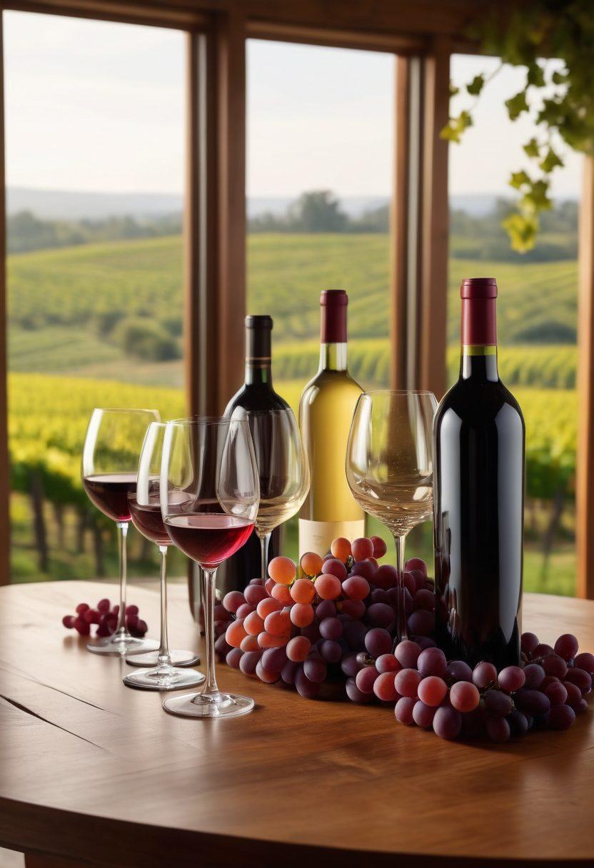 A luxurious wine display featuring elegant bottles of wine arranged beautifully on a polished wooden table, surrounded by decorative wine glasses. The scene includes a wedding setup with floral arrangements on one side and a corporate gathering setup with sleek modern elements on the other. Soft ambient lighting to create a warm atmosphere. A backdrop of a vineyard in the distance. super-realistic. vibrant colors.