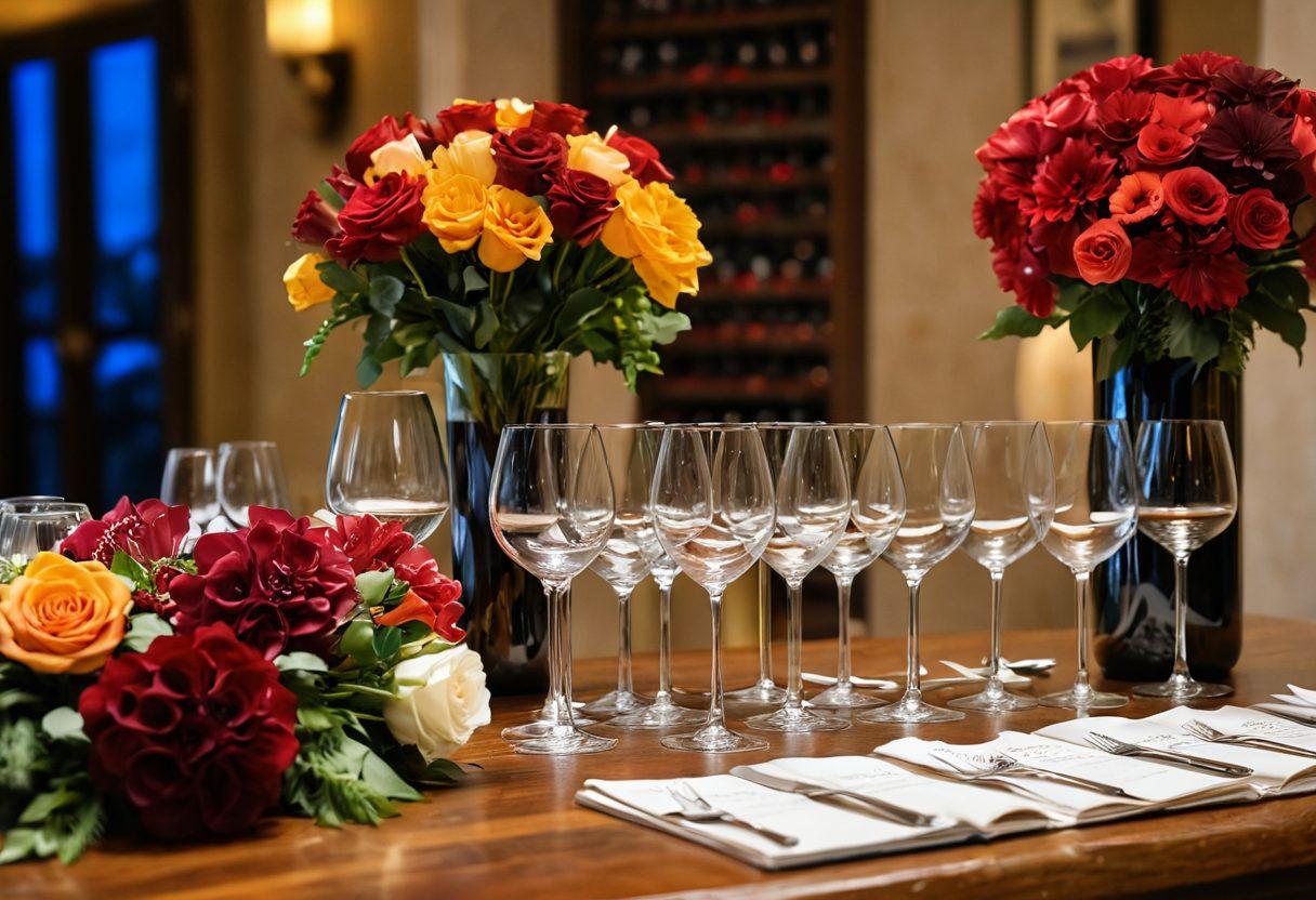 A beautifully arranged wine tasting table with an array of elegant wine glasses filled with various shades of red and white wine, surrounded by vibrant, colorful flower arrangements. In the background, festively decorated event space hints at a celebration, with twinkling lights and festive decorations. A knowledgeable sommelier presenting a wine bottle, showcasing the elegance of wine leasing for events. super-realistic. vibrant colors. 3D.